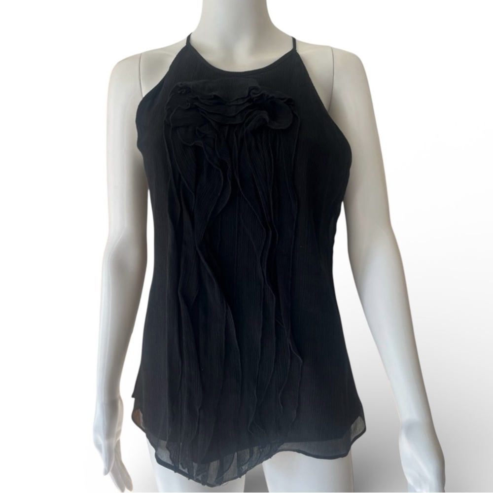 Ann Taylor Black Tie Neck Sleeveless Tank Top with Ruffle Detail